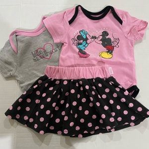 Disney baby Mickey and Minnie 3 piece skirt set size 6/9months